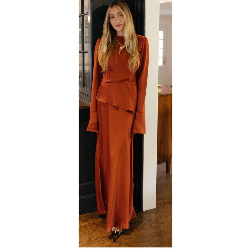 Few Moda Satin Open Back Peplum Maxi Dress Burnt Orange Long Bell Sleeve Formal